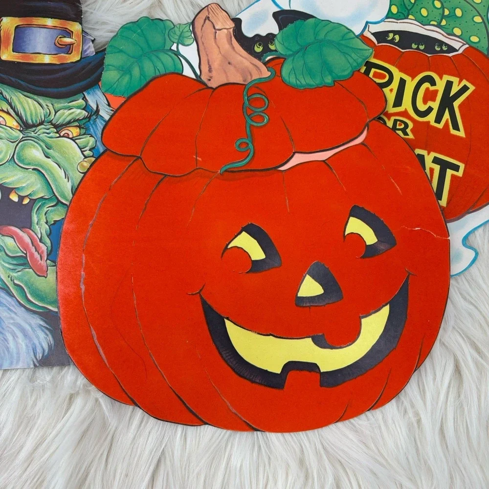 VTG Die Cut Wall Hanging Halloween Decoration 2-Sided Retro 80s Witch‎ Pumpkin